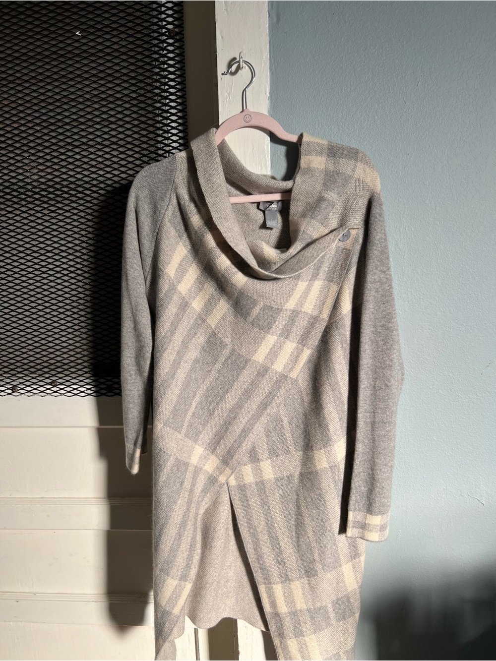 Neiman Marcus Cream & Gray Plaid Cowl Neck Sweater